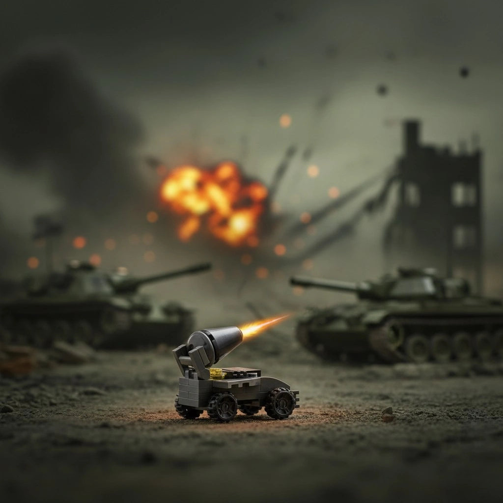Artillery Vehicle Building Block (1Pc) on the battle field background.