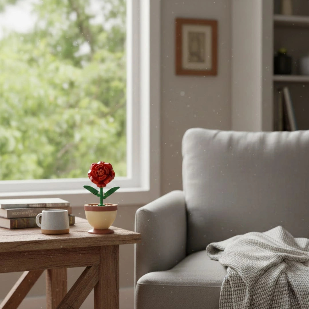 Classic Red Rose Pot Flower Building Block (1Pc) on the side of the table.