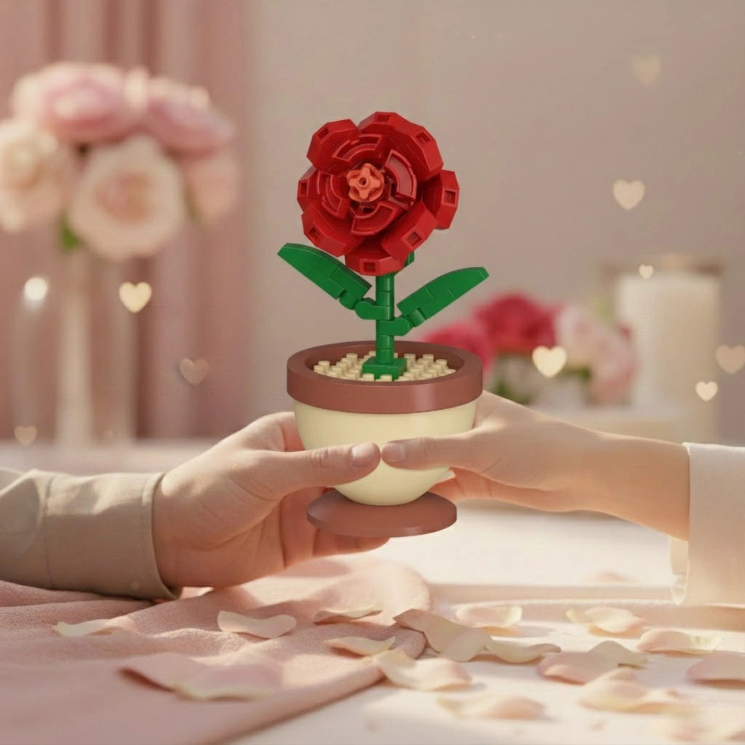 Giving Classic Red Rose Pot Flower Building Block as a gift to your partner.