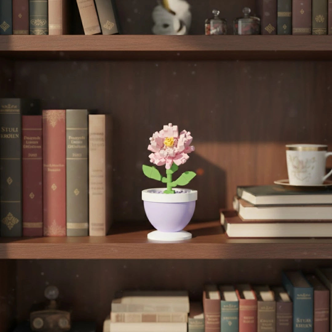 Blush Pink Bloom Pot Flower Building Block (1Pc) kept in the bookshelf.